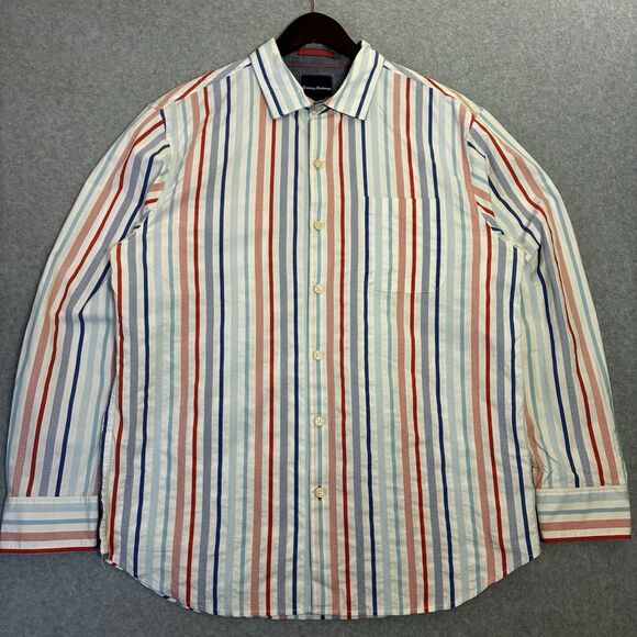 Tommy Bahama Mens L Striped Button Front Shirt Cotton Silk Blend Red Blue - Picture 1 of 6